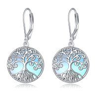 wholesale 925 Sterling Silver Tree of Life Moonstone Drop Earrings for Women - Blue Glow- Rhodium Plated