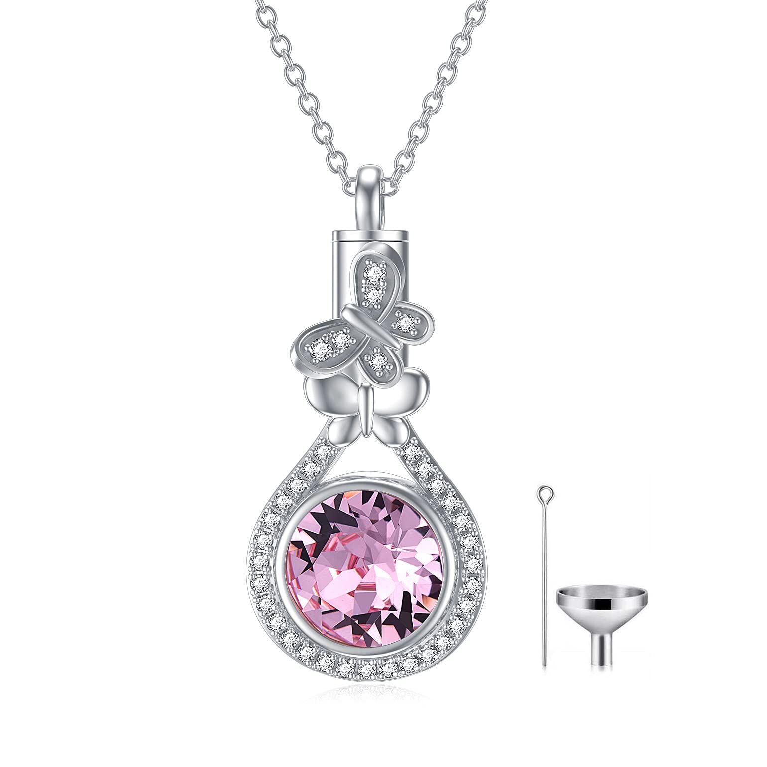 Sterling Silver Austrian Crystal Butterfly Urn Necklace for Ashes - Rhodium Plated- Rhodium Plated