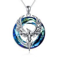 wholesale 925 Sterling Silver Blue Crystal Phoenix Pendant Necklace for Women- Rhodium Plated