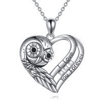wholesale 925 Sterling Silver Owl Heart Pendant Necklace with I Love You Forever Inscription and Cubic Zirconia Stones for Women- Rhodium Plated
