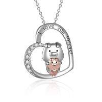 wholesale 925 Sterling Silver Heart Pendant with Pig and Cub Charm Necklace for Women- Rhodium And Rose Gold Plated