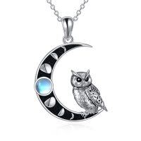 wholesale 925 Sterling Silver Moon Phase Owl Pendant Necklace with Blue Stone for Women- Rhodium Plated