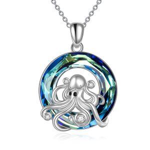 Sterling Silver Octopus Crystal Pendant Necklace-0