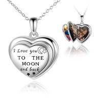 wholesale 925 Sterling Silver Heart Photo Locket Pendant I Love you To the Moon Necklace for Women Girls  48cm Chain Length- Sliver Plated