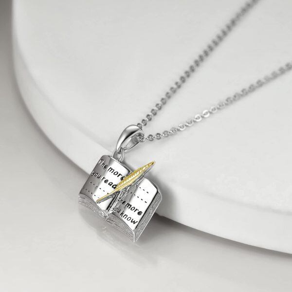 Sterling Silver Reading Book Pendant Necklaces-3