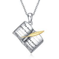 wholesale 925 Sterling Silver Book Pendant Necklace with Feather Charm - Literary Gifts for Readers and Writers- Two Tone