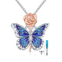 wholesale 925 Sterling Silver Blue Enamel Butterfly & Rose Cremation Jewelry Keepsake Pendant Necklace with Funnel and Fill Tool- rhodium