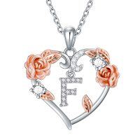 wholesale 925 Sterling Silver Rose Heart Initial F Pendant Necklace Valentines Day Gifts for Her- rhodium