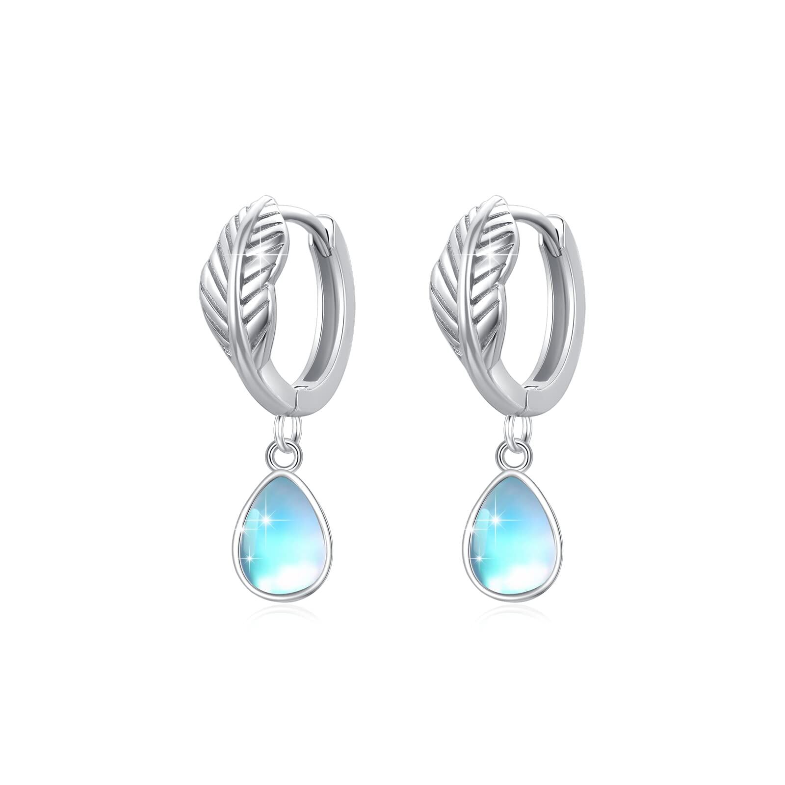 Sterling Silver Feather Moonstone Earrings - Sliver Plated- Sliver Plated