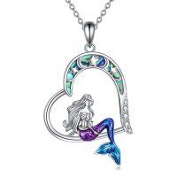wholesale 925 Sterling Silver Mermaid Heart Pendant Necklace with Moon and Stars Design for Women- Rhodium Plated