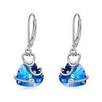 wholesale 925 Sterling Silver Blue Crystal Heart Drop Earrings for Women- Rhodium Plated