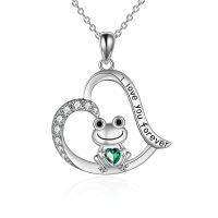 wholesale 925 Sterling Silver Green CZ Frog Heart Pendant Necklace for Women- Rhodium Plated