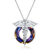 wholesale 925 Sterling Silver Caduceus Pendant with Rainbow Crystals and Wings - Graduation Gift for Nurses- Rhodium Plated
