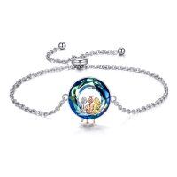 wholesale 925 Sterling Silver Charm Bracelet with Three Sisters Figurine and Blue Crystals - Adjustable Size  for Women- rhodium