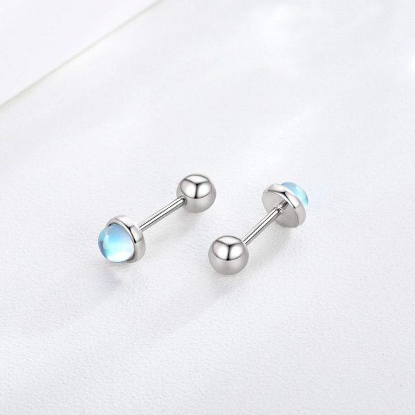 Sterling Silver Round Moonstone Stud Earrings-5