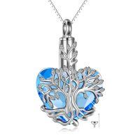 wholesale 925 Sterling Silver Blue Crystal Heart Tree of Life Cremation Jewelry Keepsake Pendant Necklace with Funnel and Fill Tool- Rhodium Plated