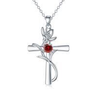 wholesale 925 Sterling Silver Red Garnet Cross Birthstone Pendant Necklace for Women- Rhodium Plated