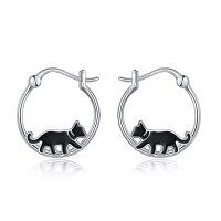 wholesale 925 Sterling Silver Black Cat Silhouette Hoop Earrings Gothic Halloween Jewelry for Women- Rhodium Plated