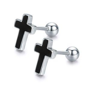 Sterling Silver Gothic Black Cross Stud Earrings-0