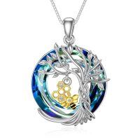 wholesale 925 Sterling Silver Blue Crystal Tree of Life Honeycomb Bee Pendant Necklace- Rhodium And Gold Plated
