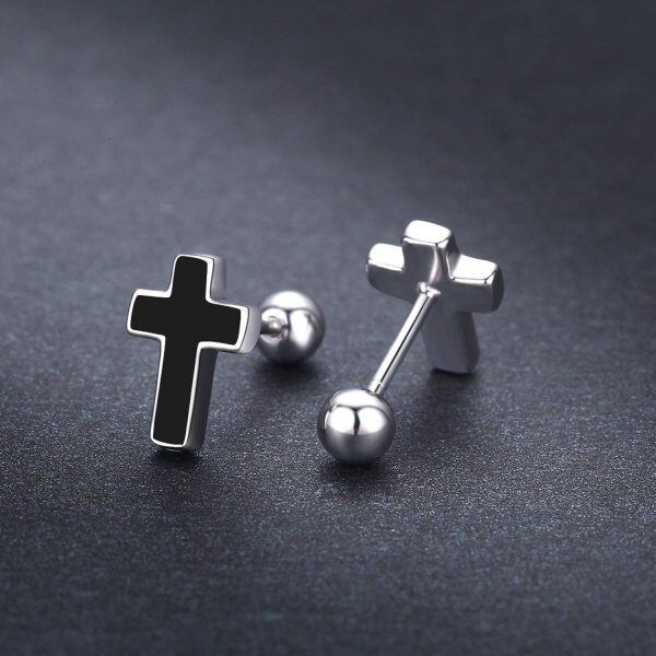 Sterling Silver Gothic Black Cross Stud Earrings-5