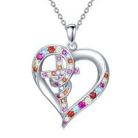 wholesale 925 Sterling Silver Multicolor Crystal Heart & Cross Pendant Necklace for Women- Rhodium Plated