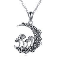 wholesale 925 Sterling Silver Crescent Moon & Mushrooms Pendant Necklace for Ashes Jewelry- Oxidized/Oxidised