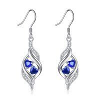 wholesale 925 Sterling Silver Blue Sapphire Heart Dangle Earrings for Women- Rhodium Plated
