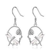 wholesale 925 Sterling Silver Opal Dragonfly Lotus Flower Dangle Earrings for Women- Rhodium Plated