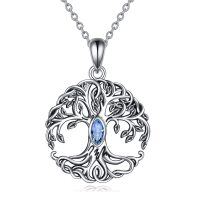 wholesale 925 Sterling Silver Celtic Tree of Life Necklace w/ Blue Crystal & Simulated Emerald Pendants for Women- Sliver Plated
