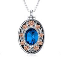 wholesale 925 Sterling Silver Oval Shape Rose Gold and Blue Crystal Cremation Jewelry Pendant Necklace- rhodium