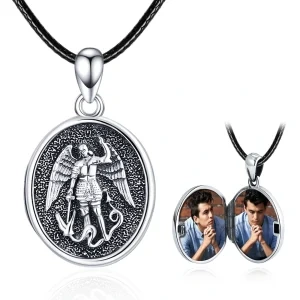 Sterling Silver Archangel Michael Photo Locket Necklace With Leather Cord-0