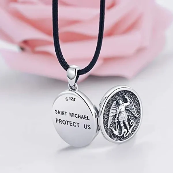 Sterling Silver Archangel Michael Photo Locket Necklace With Leather Cord-4