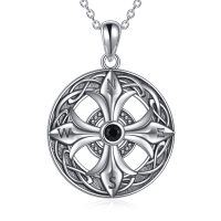 wholesale 925 Sterling Silver Celtic Knot Compass Pendant Necklace with Black Stone for Women- Rhodium Plated