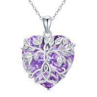 wholesale 925 Sterling Silver Purple Crystal Tree of Life Heart Pendant Necklace for Women- Rhodium Plated