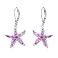 wholesale 925 Sterling Silver Pink Crystal Starfish Leverback Earrings for Women- Sliver Plated