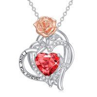 wholesale 925 Sterling Silver Red CZ Heart & Rose Pendant Necklace for Women- rhodium