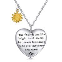 wholesale 925 Sterling Silver Heart-Shaped Pendant with Gold Sunflower Charm and Inspirational Quote - True Friends Are Like Bright Sunflowers That Never Fade Away Even Over Distance And Time- Two Tone
