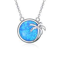 wholesale 925 Sterling Silver Blue Simulated Opal Palm Tree Pendant Necklace for Women- Rhodium Plated