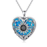 wholesale 925 Sterling Silver Blue Fire Opal Daisy Flower Heart Locket Necklace- Rhodium Plated