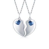 wholesale 925 Sterling Silver Broken Heart Matching Necklaces Set with Blue Crystal Elements- Rhodium Plated