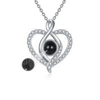 wholesale 925 Sterling Silver Black Pearl & Cubic Zirconia Heart Pendant Necklace with 100 Languages Projection - For Women- Sliver Plated