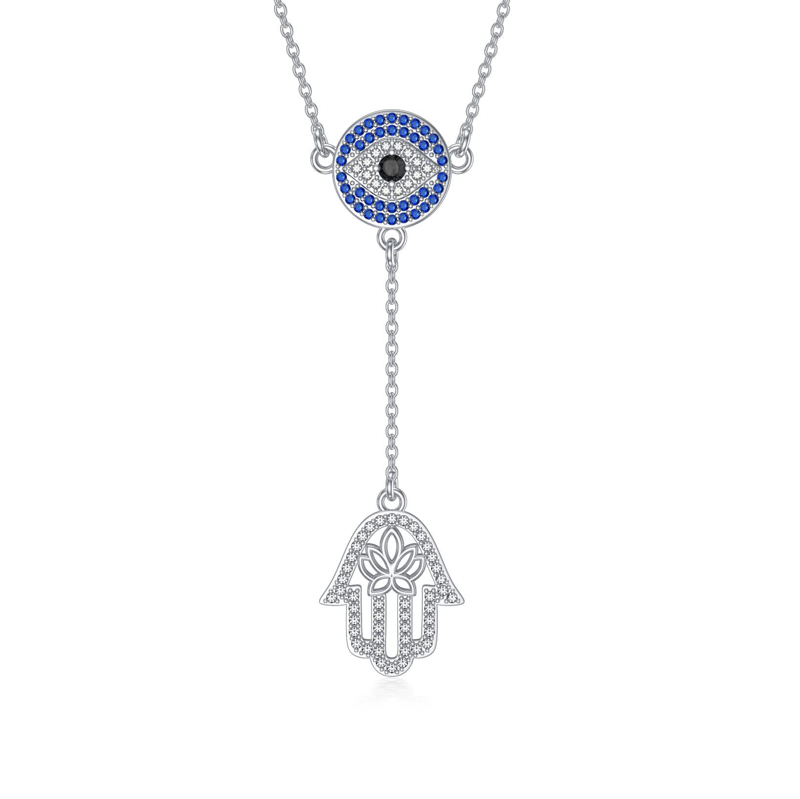 Sterling Silver Y Lariat Hamsa Evil Eye Necklace Protection Amulet Jewelry Gift - Rhodium Plated- Rhodium Plated