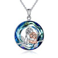 wholesale 925 Sterling Silver Blue Crystal Sloth Family Love Pendant Necklace for Women- Rhodium And Rose Gold Plated