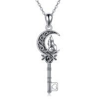 wholesale 925 Sterling Silver Moon Wolf Rose Key Pendant Necklace for Women Girls Mom - Rhodium Plated