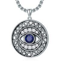 wholesale 925 Sterling Silver Blue Sapphire CZ Evil Eye Round Pendant Necklace- Sliver Plated