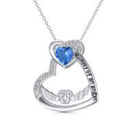 wholesale 925 Sterling Silver Blue Crystal Angel Wing Mommy of an Angel Heart Pendant Necklace for Women-rhodium-plated