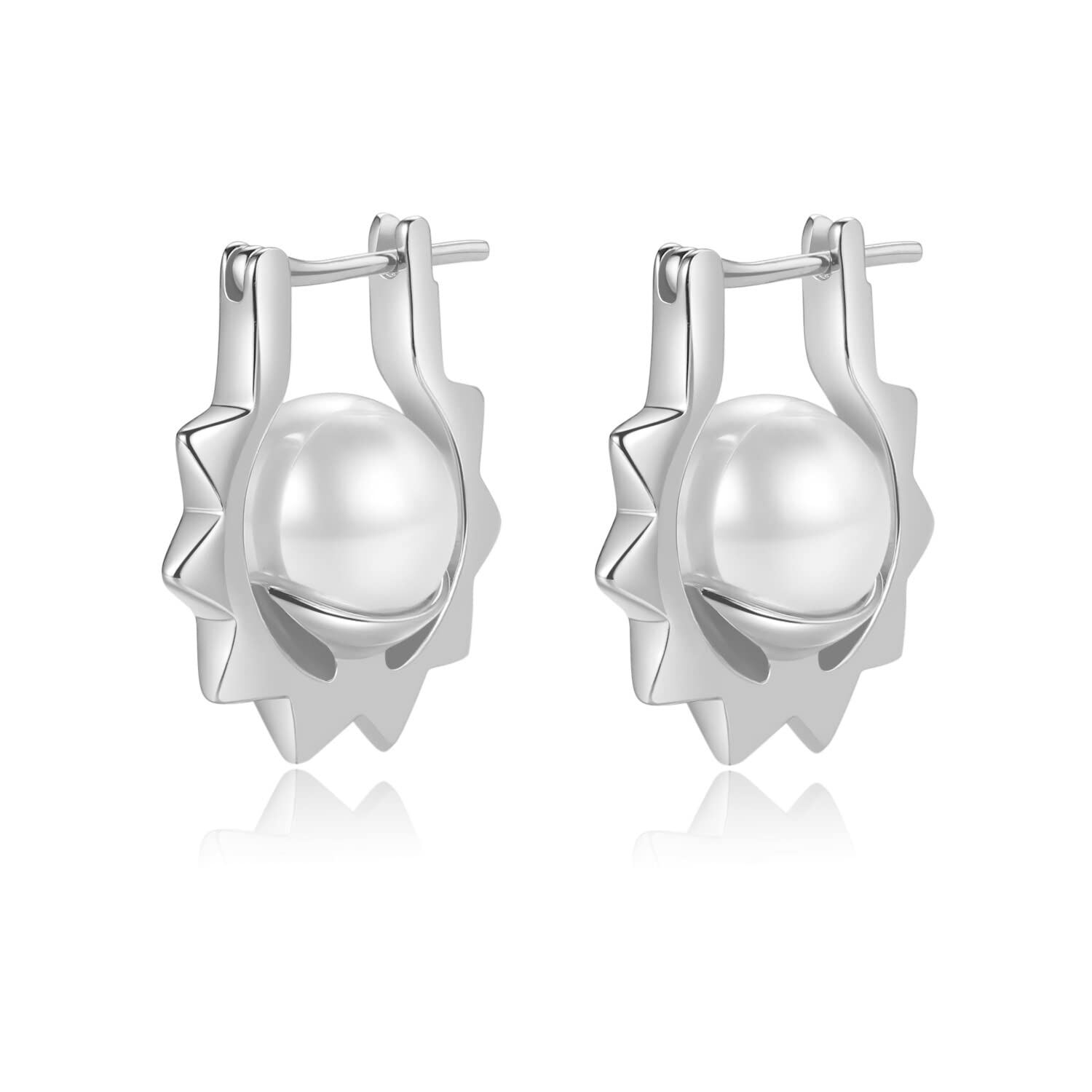 Sterling Silver Flower Shape Pearl Clip Ear Studs Earrings - Sliver Plated- Sliver Plated