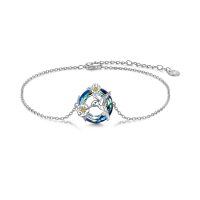 wholesale 925 Sterling Silver 925 Blue Crystal Hummingbird & Flower Charm Bracelet for Women- Rhodium And Gold Plated