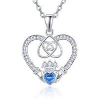 wholesale 925 Sterling Silver Blue Crystal Claddagh Heart Pendant Necklace for Women- Rhodium Plated